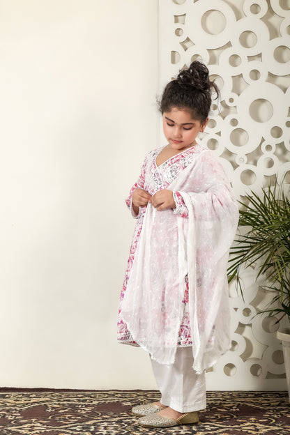 Fiza Angarkha Mul Print Kids Chikankari Set - Pink - Famous Chikankari