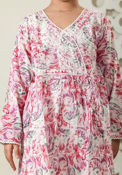 Fiza Angarkha Mul Print Kids Chikankari Set - Pink - Famous Chikankari
