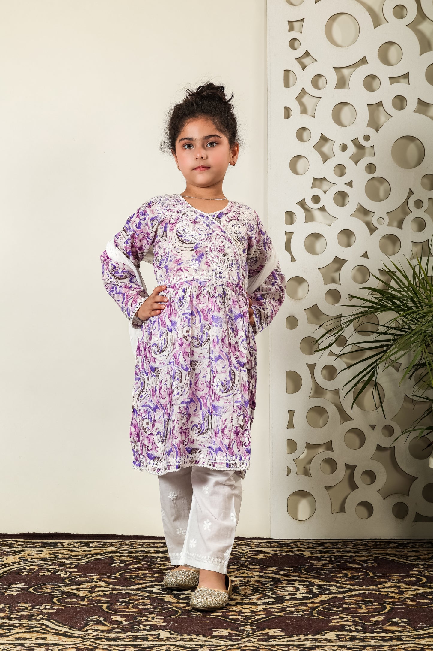 Fiza Angarkha Mul Print Kids Chikankari Set - Purple