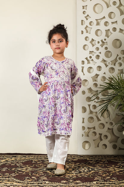 Fiza Angarkha Mul Print Kids Chikankari Set - Purple - Famous Chikankari