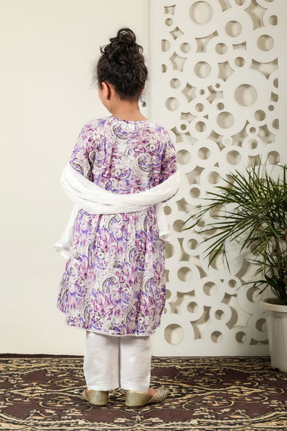 Fiza Angarkha Mul Print Kids Chikankari Set - Purple - Famous Chikankari