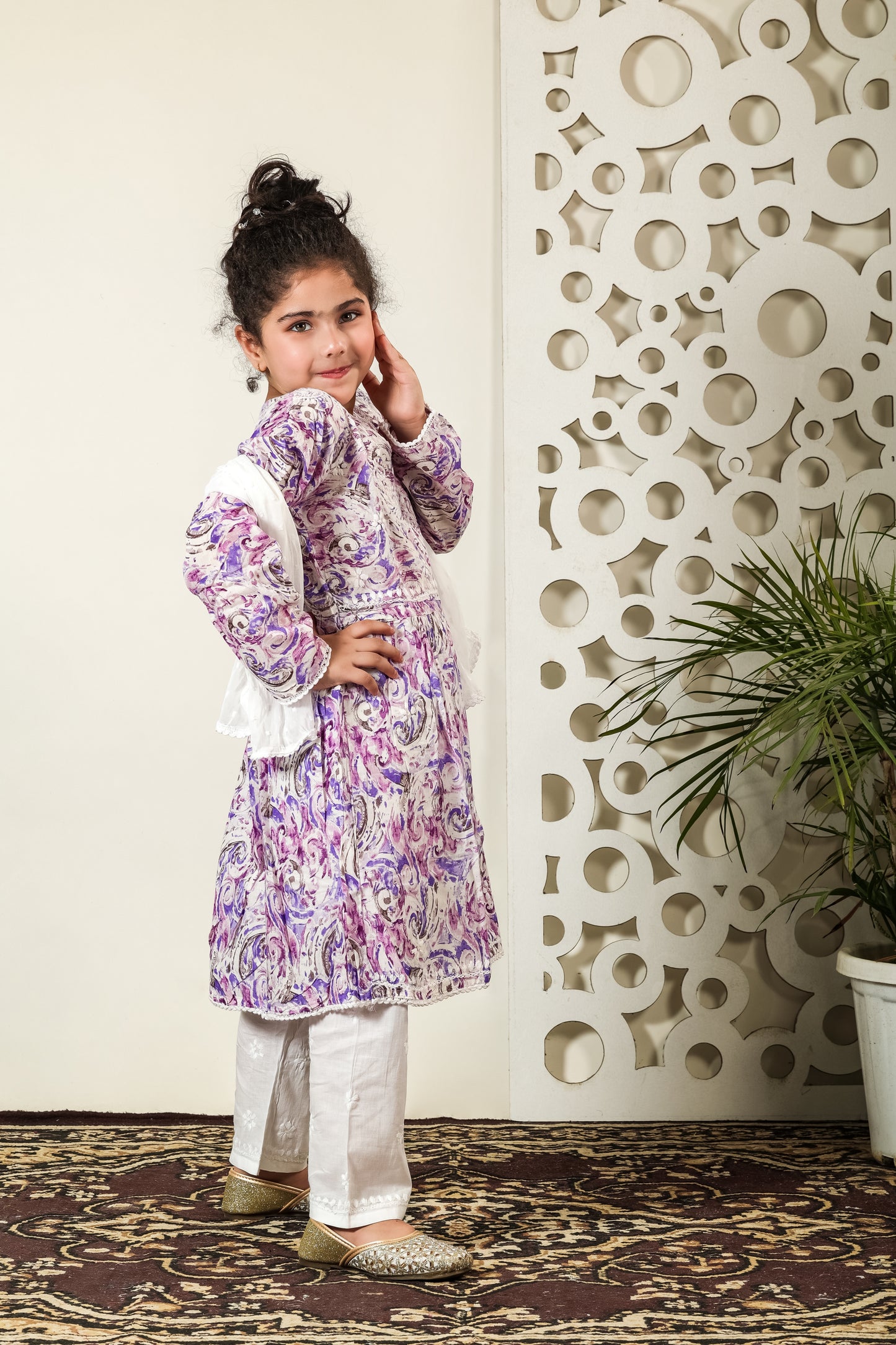 Fiza Angarkha Mul Print Kids Chikankari Set - Purple