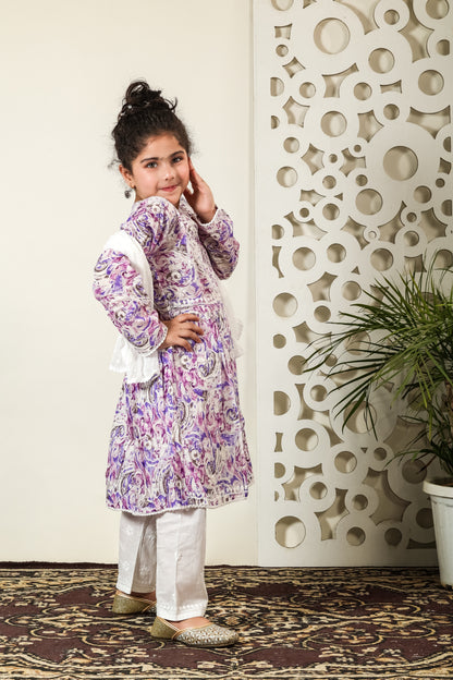 Fiza Angarkha Mul Print Kids Chikankari Set - Purple - Famous Chikankari