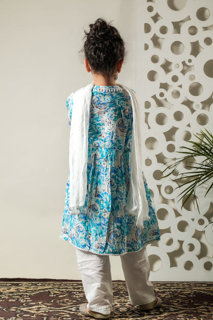 Fiza Angarkha Mul Print Kids Chikankari Set - Blue - Famous Chikankari