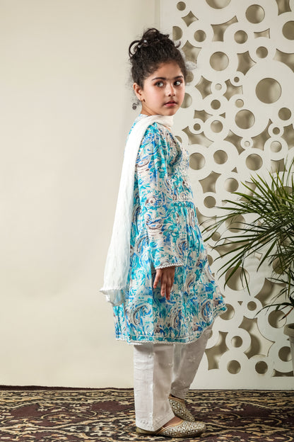 Fiza Angarkha Mul Print Kids Chikankari Set - Blue - Famous Chikankari