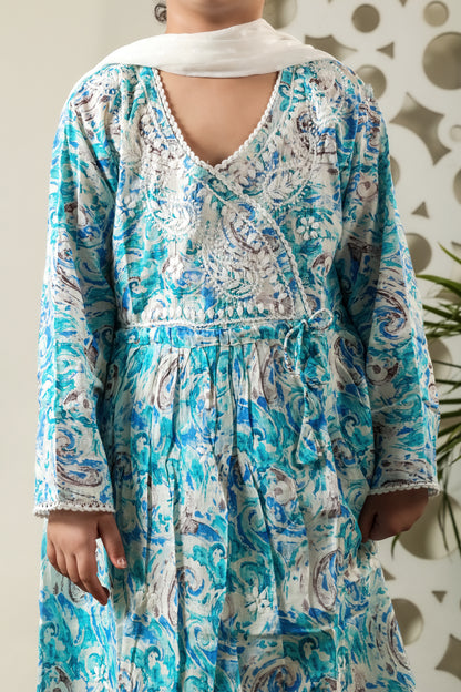Fiza Angarkha Mul Print Kids Chikankari Set - Blue - Famous Chikankari