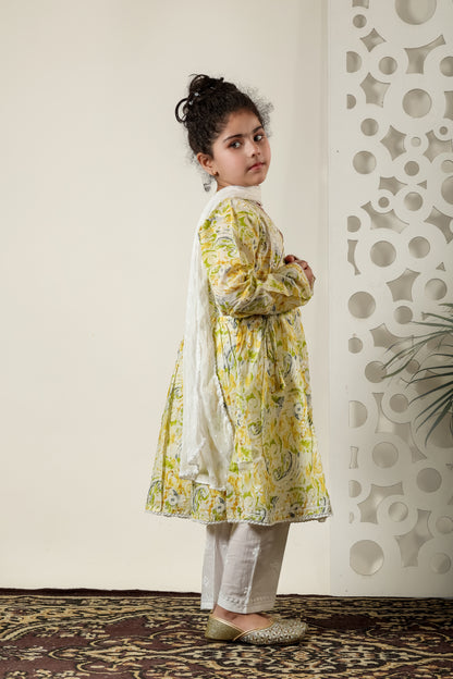 Fiza Angarkha Mul Print Kids Chikankari Set - Yellow - Famous Chikankari
