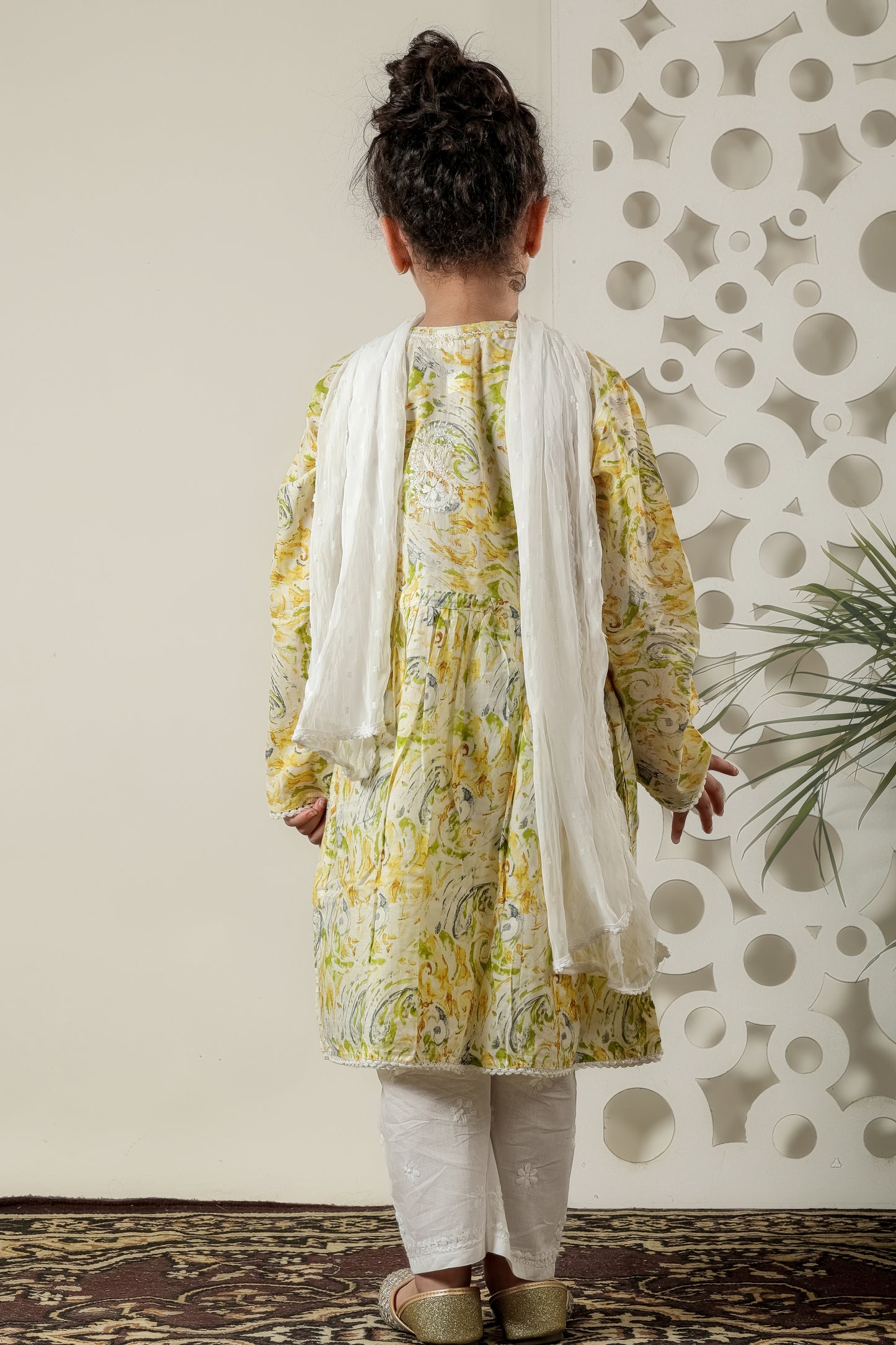 Fiza Angarkha Mul Print Kids Chikankari Set - Yellow
