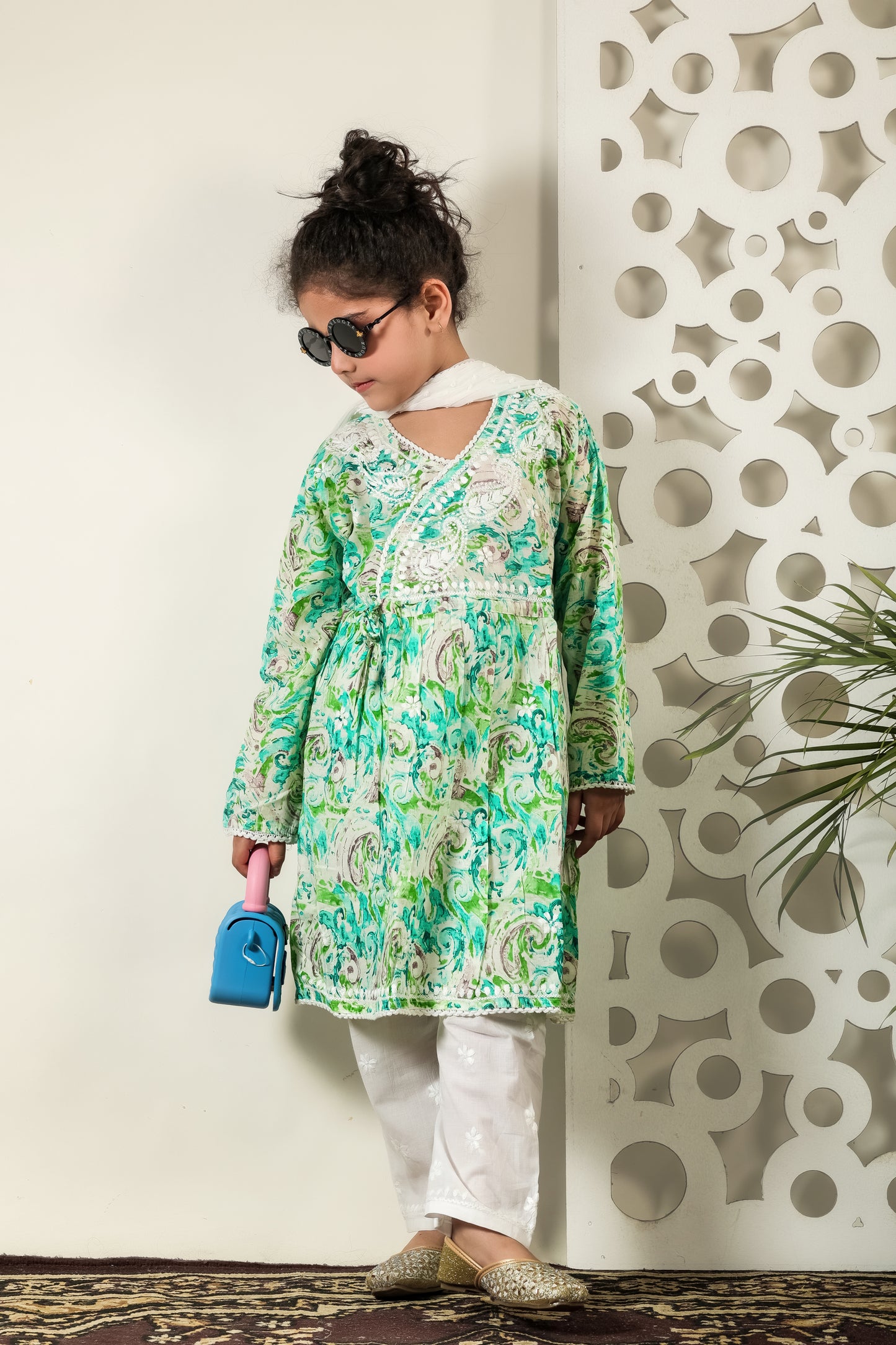 Fiza Angarkha Mul Print Kids Chikankari Set - Green