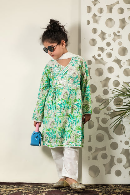 Fiza Angarkha Mul Print Kids Chikankari Set - Green - Famous Chikankari