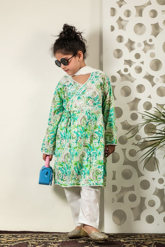 Fiza Angarkha Mul Print Kids Chikankari Set - Green