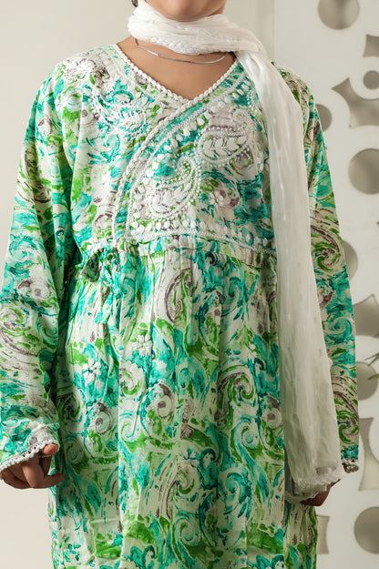 Fiza Angarkha Mul Print Kids Chikankari Set - Green - Famous Chikankari
