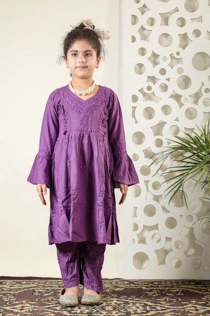 Little Fariya - Purple Chikankari Frill Style Frock Kidswear Set - Famous Chikankari