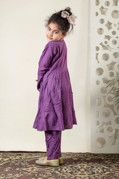 Little Fariya - Purple Chikankari Frill Style Frock Kidswear Set - Famous Chikankari