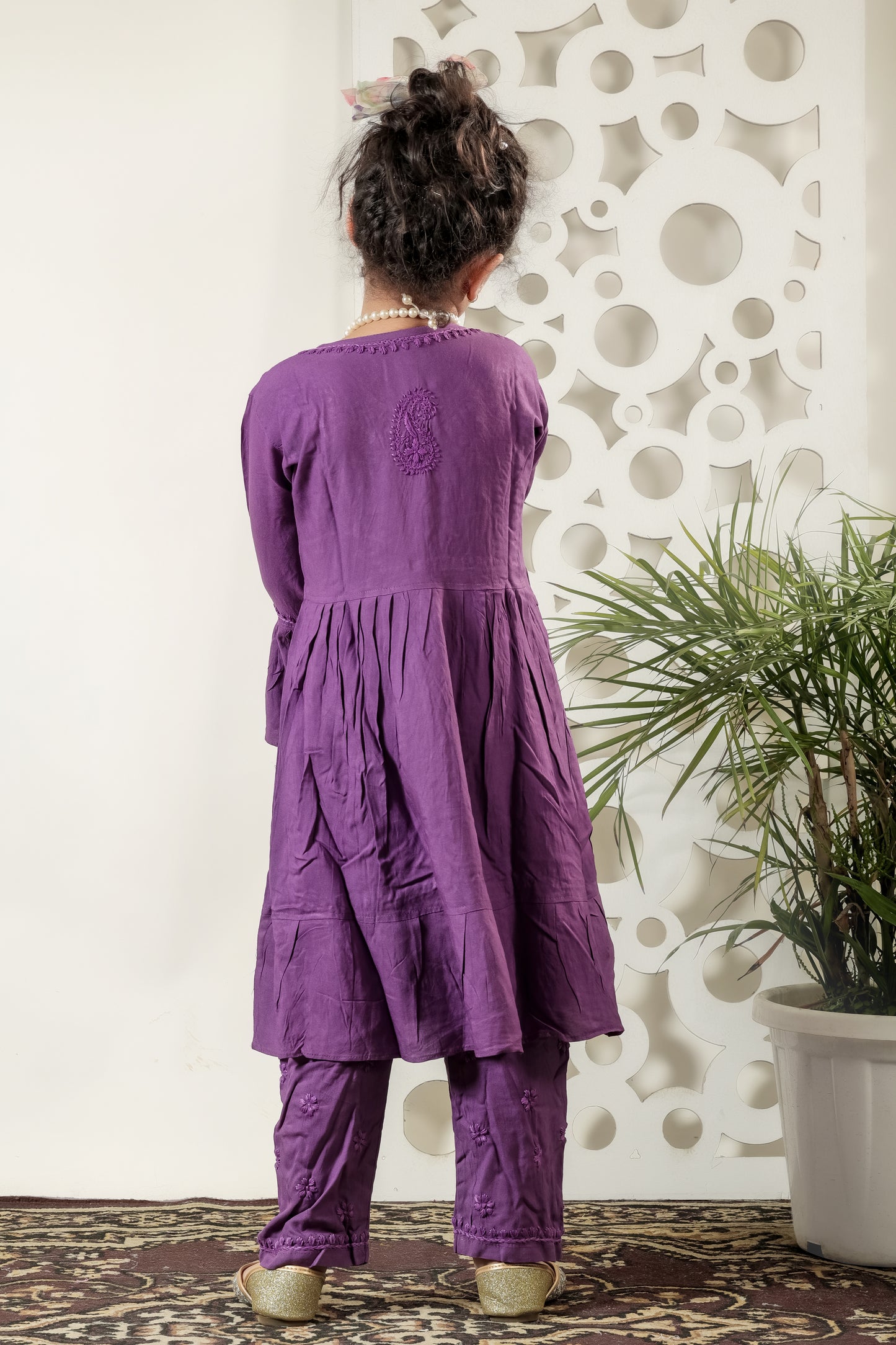 Little Fariya - Purple Chikankari Frill Style Frock Kidswear Set