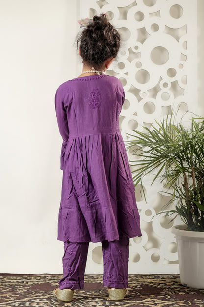 Little Fariya - Purple Chikankari Frill Style Frock Kidswear Set - Famous Chikankari