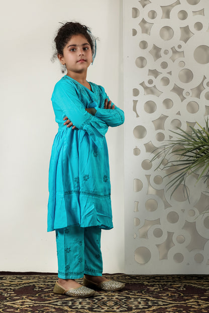 Little Fariya - Blue Chikankari Frill Style Frock Kidswear Set - Famous Chikankari