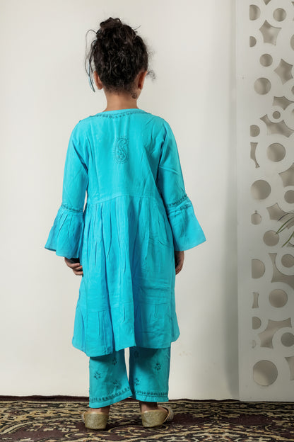 Little Fariya - Blue Chikankari Frill Style Frock Kidswear Set - Famous Chikankari