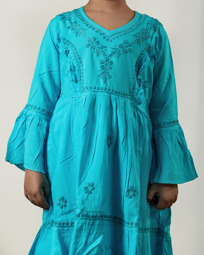 Little Fariya - Blue Chikankari Frill Style Frock Kidswear Set - Famous Chikankari