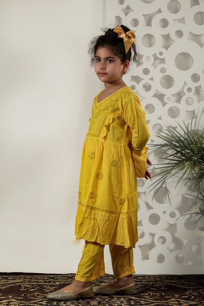 Little Fariya - Mustard Chikankari Frill Style Frock Kidswear Set - Famous Chikankari