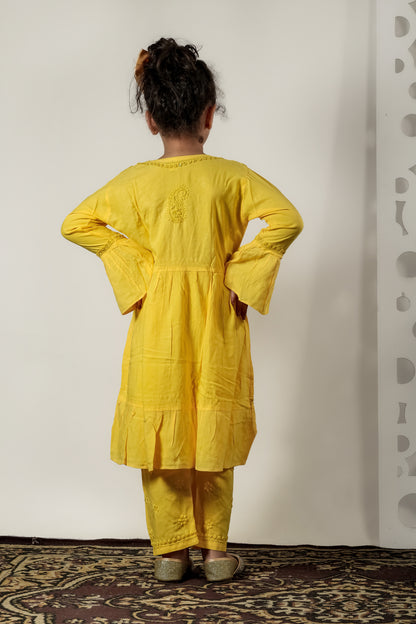 Little Fariya - Mustard Chikankari Frill Style Frock Kidswear Set - Famous Chikankari