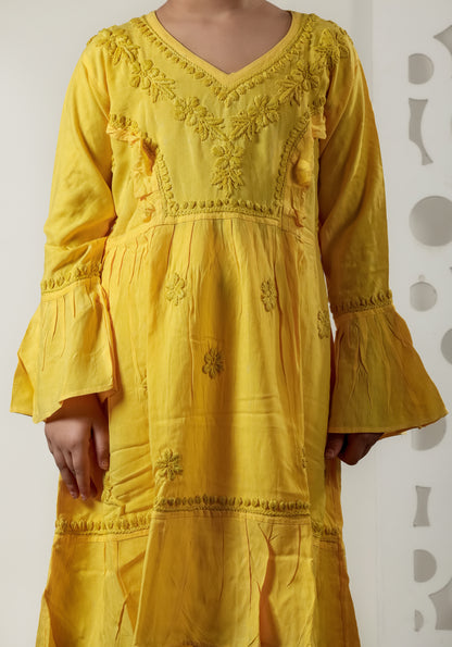Little Fariya - Mustard Chikankari Frill Style Frock Kidswear Set - Famous Chikankari