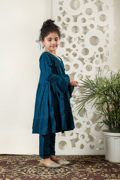 Little Fariya - Navy Chikankari Frill Style Frock Kidswear Set - Famous Chikankari