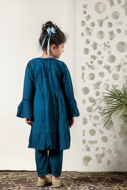 Little Fariya - Navy Chikankari Frill Style Frock Kidswear Set - Famous Chikankari