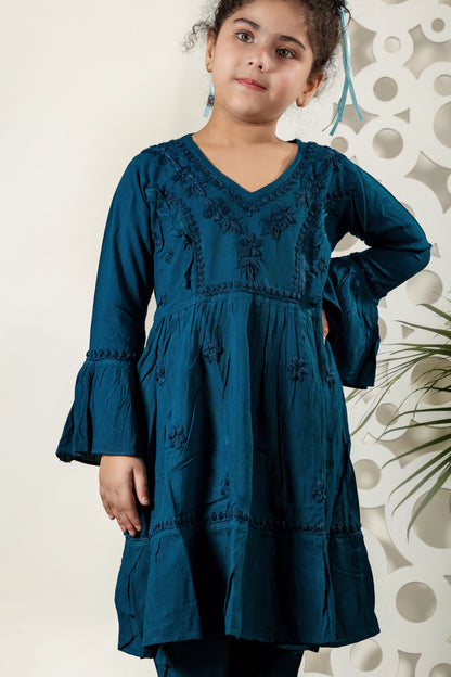 Little Fariya - Navy Chikankari Frill Style Frock Kidswear Set - Famous Chikankari