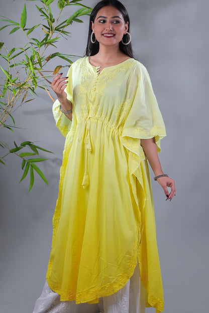 Famous Chikankari's Yellow Chikankari Kaftan - Famous Chikankari