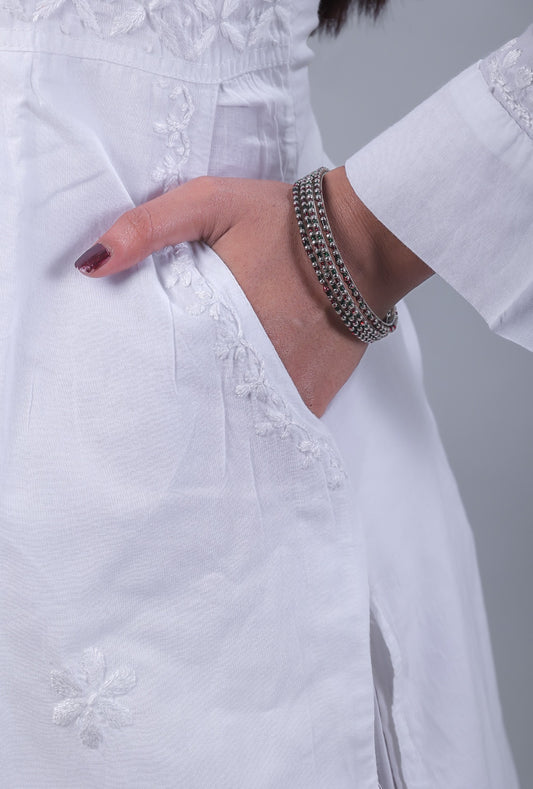 White Chikankari Side Pocket Style Kurti - Famous Chikankari