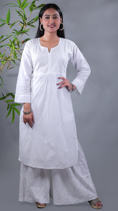White Chikankari Side Pocket Style Kurti - Famous Chikankari