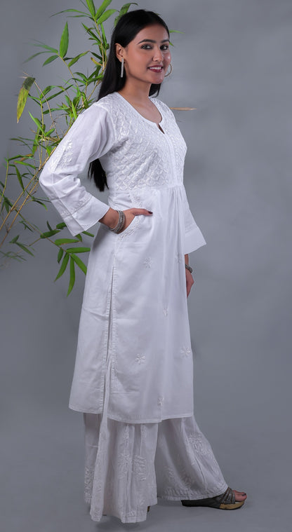White Chikankari Side Pocket Style Kurti - Famous Chikankari