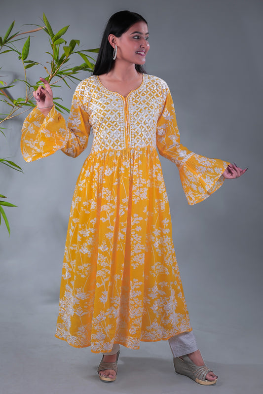 Yellow Chikankari Mulprint Frock - Famous Chikankari