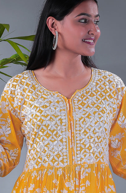 Yellow Chikankari Mulprint Frock - Famous Chikankari