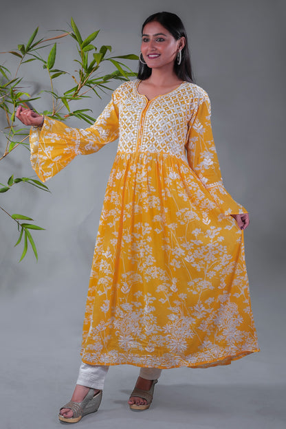 Yellow Chikankari Mulprint Frock - Famous Chikankari