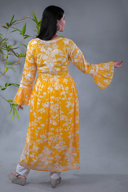Yellow Chikankari Mulprint Frock - Famous Chikankari