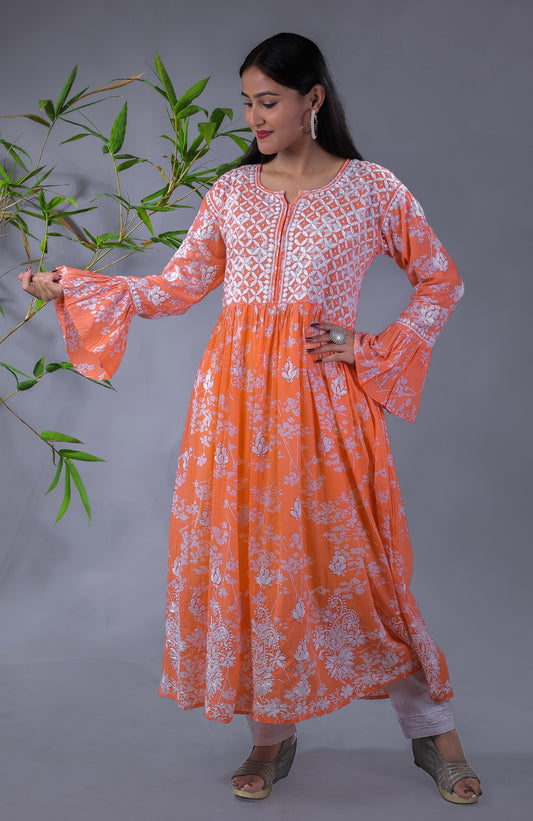 Light Orange Chikankari Mulprint Frock - Famous Chikankari