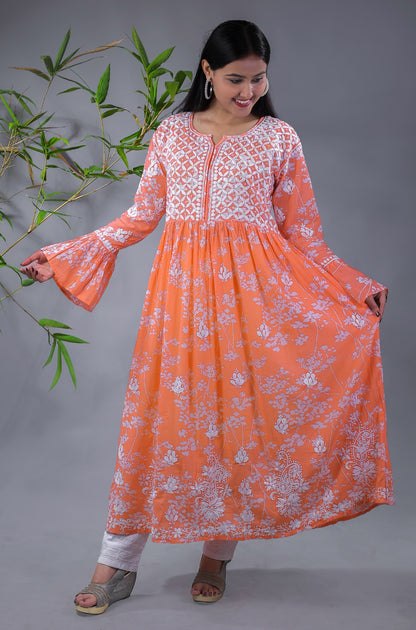 Light Orange Chikankari Mulprint Frock - Famous Chikankari