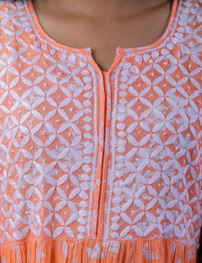 Light Orange Chikankari Mulprint Frock - Famous Chikankari