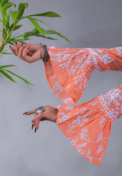 Light Orange Chikankari Mulprint Frock - Famous Chikankari