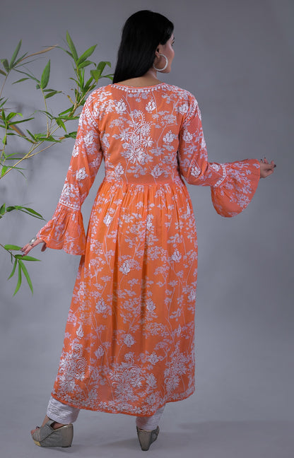 Light Orange Chikankari Mulprint Frock - Famous Chikankari