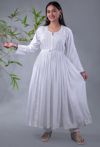White Modal Chikankari Gown - Famous Chikankari