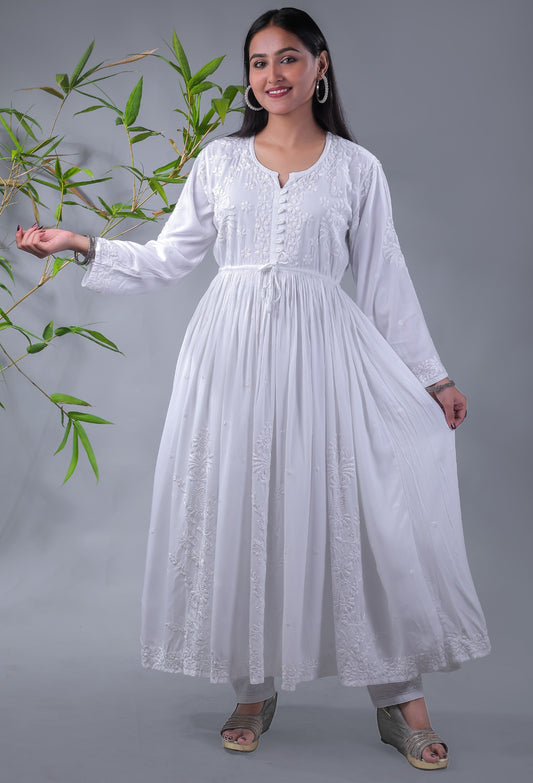 White Modal Chikankari Gown - Famous Chikankari