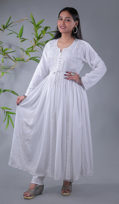 White Modal Chikankari Gown - Famous Chikankari