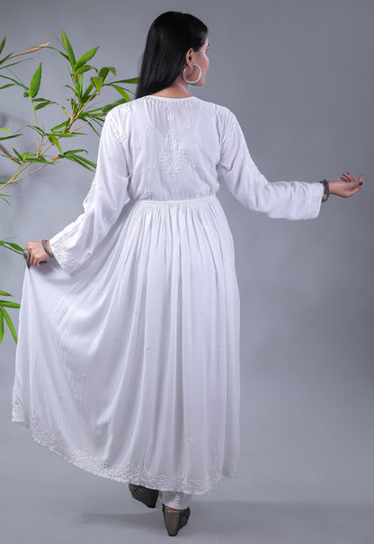 White Modal Chikankari Gown - Famous Chikankari