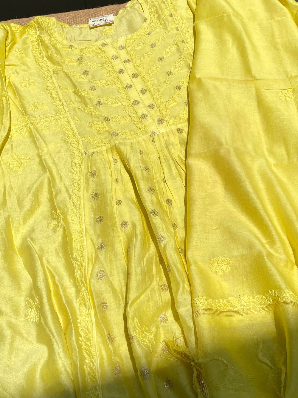 Sunehri – Mul Chanderi Yellow Handcrafted Chikankari Gown Set - Famous Chikankari