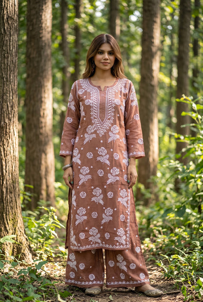 Rosy Muslin Chikankari Kurti Plazo Sets - Famous Chikankari