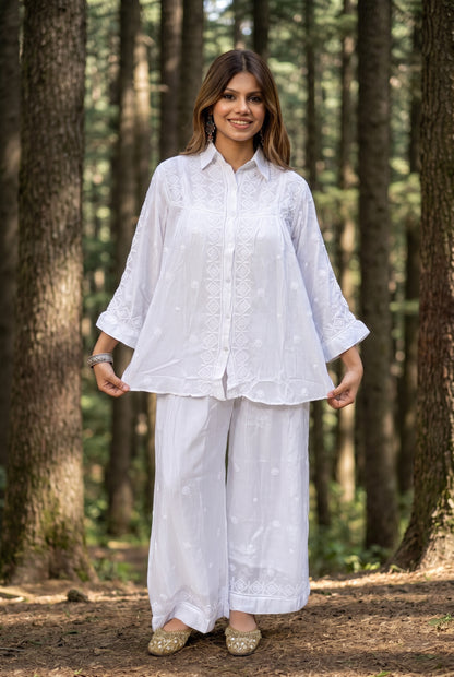 Nimra White Muslin Silk Chikankari Co-Ord Set - Famous Chikankari
