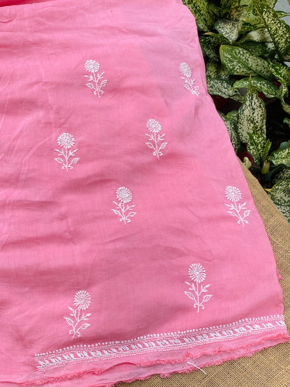 Mahjabeen (ماہ جبیں) Muslin Chikankari Unstiched Kurta Dupatta | Carrot Pink - Famous Chikankari
